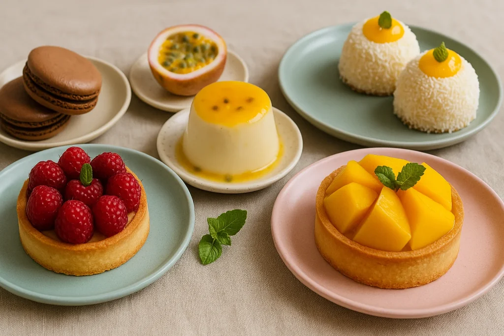 Doces franceses reinterpretados com ingredientes brasileiros, incluindo macarons coloridos, tortas com frutas tropicais e éclairs com coberturas artesanais em uma vitrine elegante