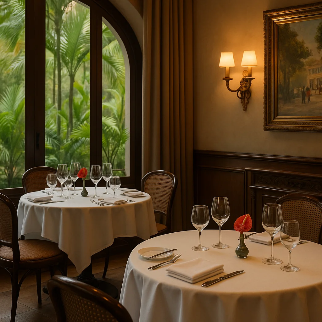 Interior elegante de um restaurante francês no Brasil, com mesas redondas cobertas por toalhas brancas, taças de vinho arrumadas e uma janela ampla com vista para vegetação tropical ao fundo.
